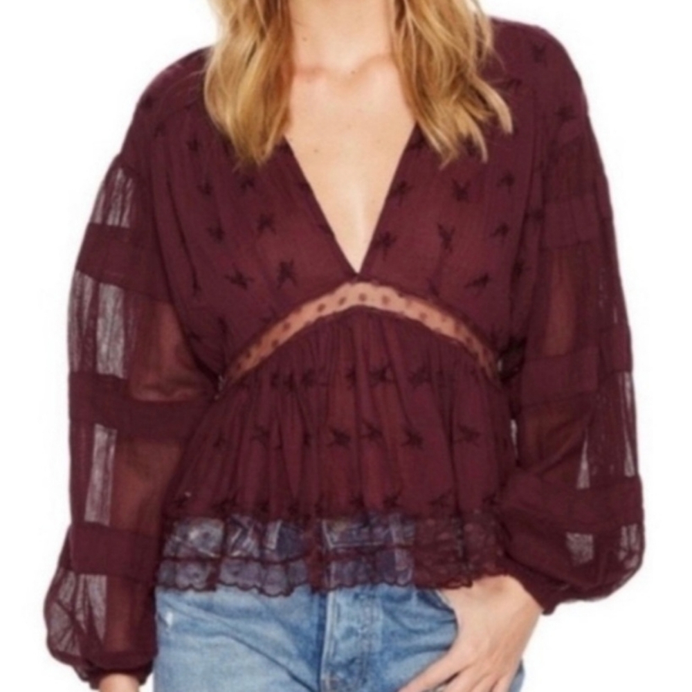 FREE PEOPLE Elegant Plum Sheer Women's Top, Size S.